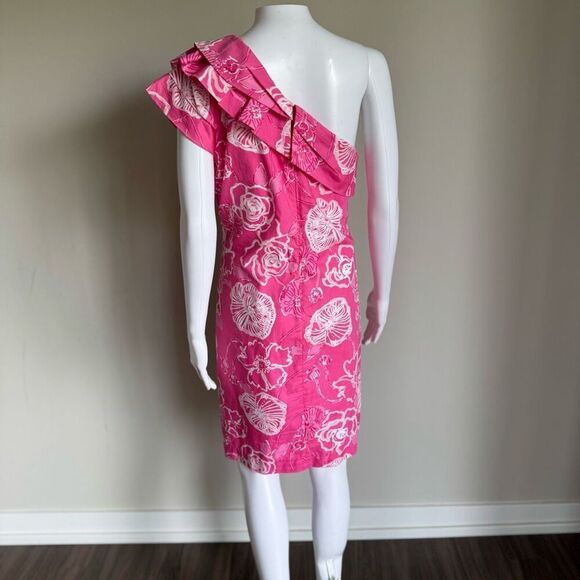 Lily Pulitzer One Shoulder Sandra Ruffle Dress Size 10 Pink - Picture 6 of 8